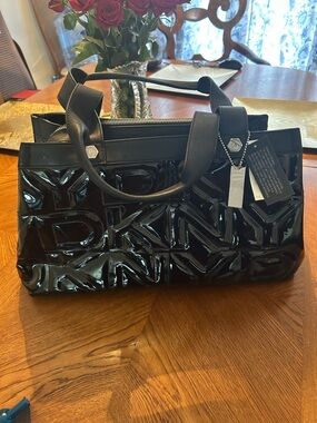 Patent Embossed Black Tote Bag with Logo Detail